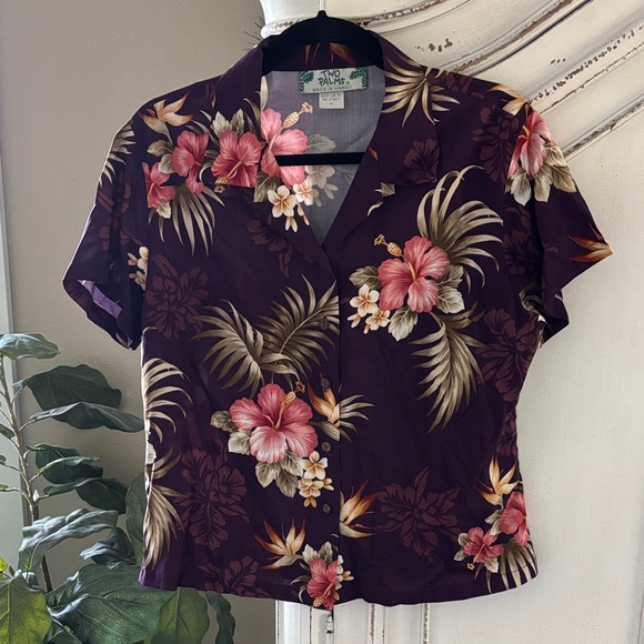 Vtg Two Palms Sz M Burgundy Colorful Floral Rayon Aloha Shirt Made in Hawaii - Picture 1 of 6